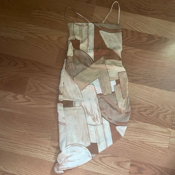 Strappy Asymmetrical Cowl Neck Mini Dress | Brown Tan Cream | XS - Picture 7 of 8